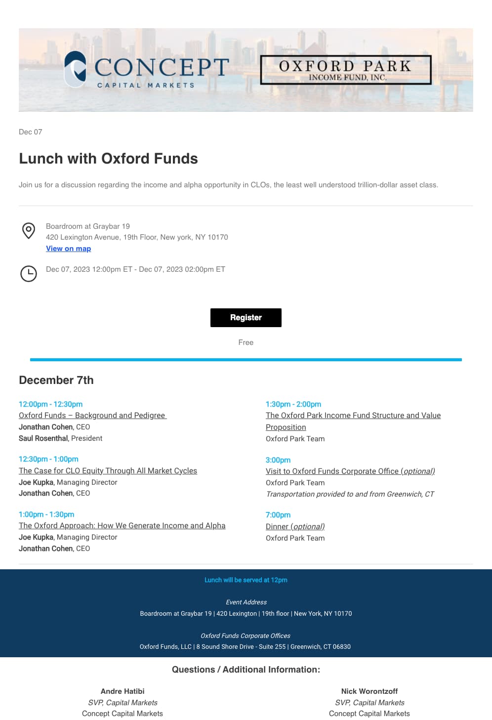 Example of an event invitation email with agenda and registration